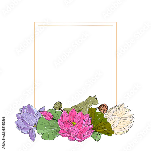 hand drawn florals bouquet with tropical plants and Exotic lotus flower, water lily. Greeting card, invitation, banner.