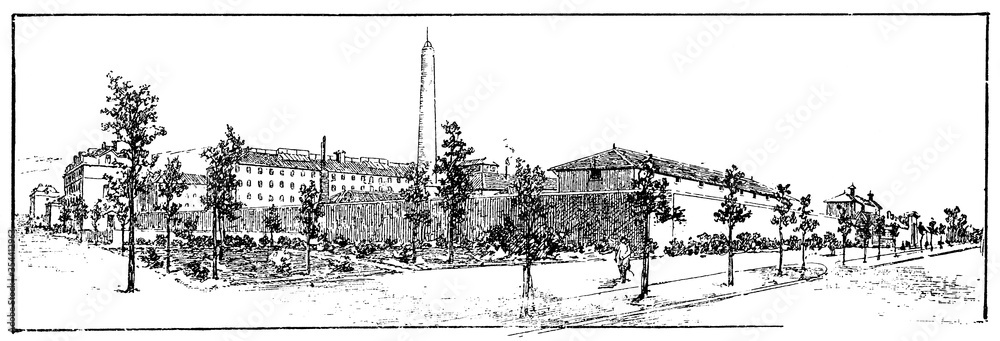 Fresnes Prison, located in the town of Val-de-Marne South of Paris, France. Illustration of the 19th century. White background.