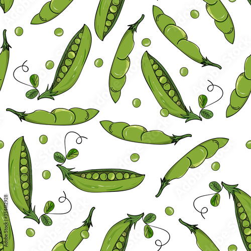 Green pea pods seamless pattern. Summer vegetable background. Healthy food, vegan.