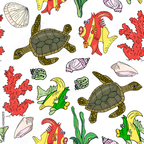 Sea animals  ocean seamless pattern fish, turtle and coral. Shell aquarium background. Nautical marine illustration