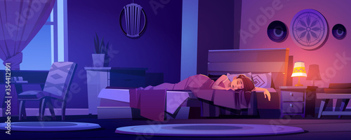 Woman sleeps in bed at night. Bedroom interior in boho style with wooden furniture. Vector cartoon illustration with asleep girl, lit lamp on nightstand and moon light from window