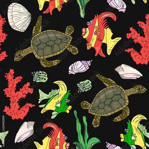 Sea animals  ocean seamless pattern fish, turtle and coral. Shell aquarium background. Nautical marine illustration