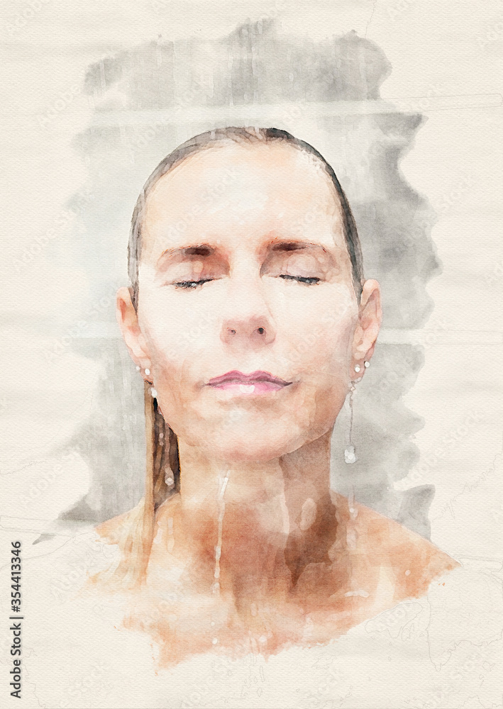 woman taking a shower with her eyes closed in watercolors