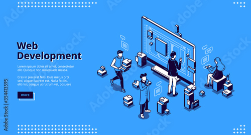 Web development isometric landing page. Programmers coding website cross platform, adaptive layout, internet page interface on computer and mobile phone screen, site creation 3d vector line art banner