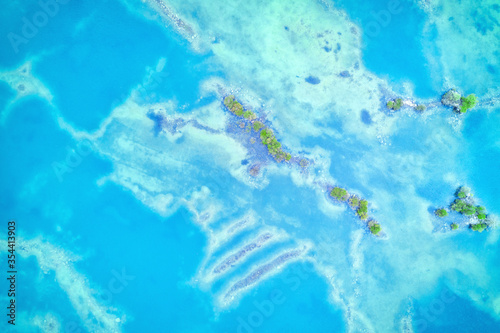 Light blue colored shallow water surface with trees on smile islands aerial