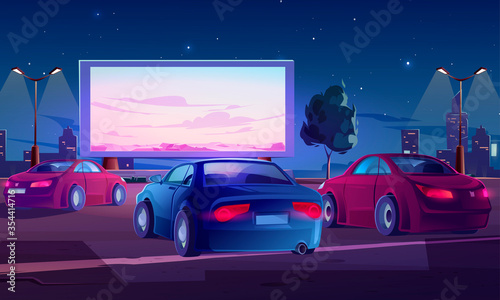 Car street cinema. Drive-in theater with automobiles stand in open air parking at night. Large outdoor screen with nature scene glowing in darkness on starry sky background Cartoon vector illustration