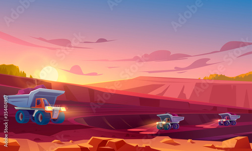 Quarry mining with heavy industrial machinery and transport. Dump trucks carry coal or metal ore at opencast. Pit dawn landscape, mine production, stone quarrying process. Cartoon vector illustration