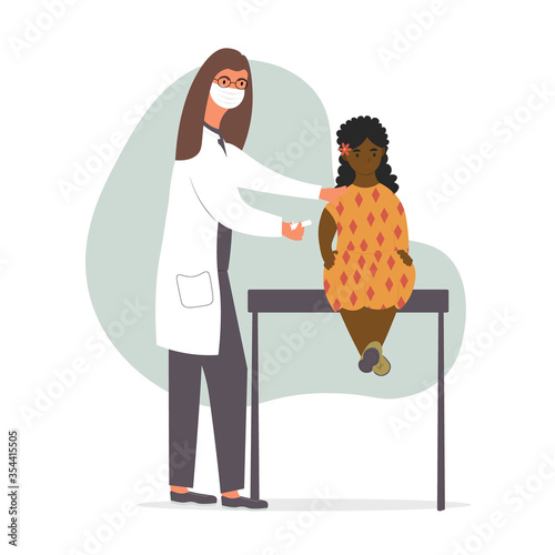 Doctor or nurse  is vaccinated child. Girl patient visit at pediartrist. vaccine time concept. Cute illustration in flat style.
