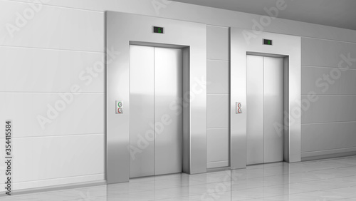 Metal elevator doors in hallway perspective view. Vector realistic empty modern office or hotel lobby interior with lift, metal panel with buttons and floor display on wall