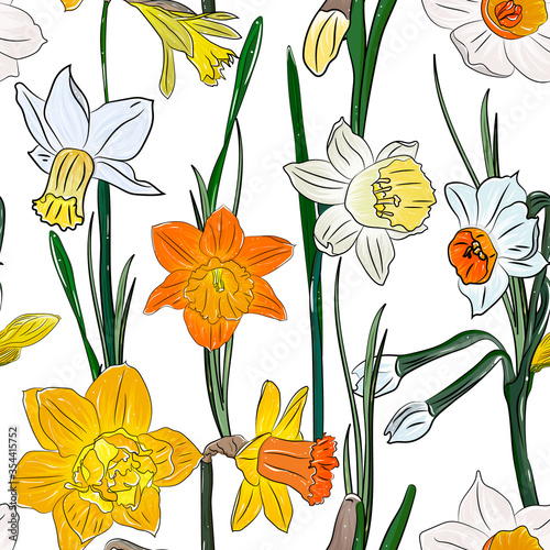 seamless pattern with daffodils. Summer  spring background with delicate flowers of narcissus.