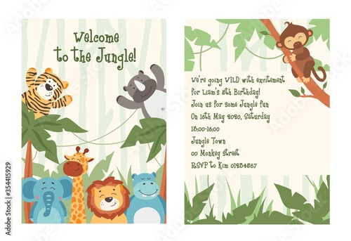 Cute baby jungle party invitation template vector illustration. Welcome to jungle inscription. Bright decor. Child happy birthday concept. Isolated on white background