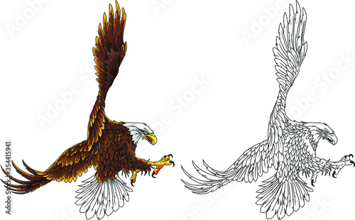 American bald eagle soaring with claws and outstretched wings. Additional version with a black outline for your logo