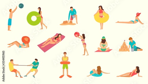 Summer beach activities set on white backdrop vector illustration. Collection of people playing volleyball, building sand castles, swimming, sunbathing isolated on light background