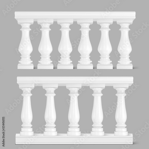 White marble balustrade, handrail for balcony, porch or garden in classic roman style. Vector realistic set of baroque stone railing, banister with pillars, antique fence with columns