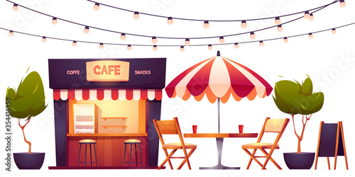 Outdoor cafe, summer booth in park, coffeehouse stall with street food drinks and snacks, cafeteria with table, chairs, umbrella, plants, lighting garland and menu board, Cartoon vector illustration