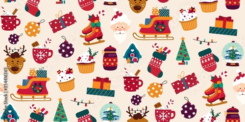 Merry christmas colourful seamless pattern vector illustration. Reindeer decoration ball tree and skating flat style. Bright decor for winter holiday concept. Isolated on white background
