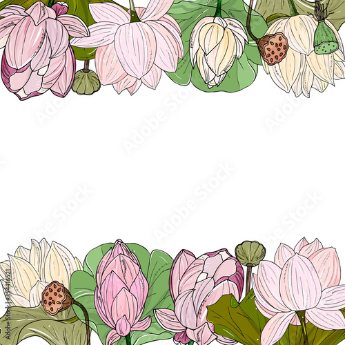 Bouquet of lotus or water lily. Border, frame of exotic flowers. Template for invitations, menus, greeting cards.