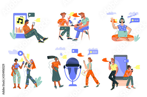 Social media blogging and online streaming set of people characters and network symbols. Viral content, podcast content makers and influencers. Vector isolated illustrations bundle. © Мария Гисина