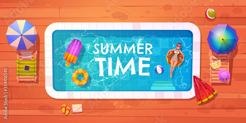 Woman in swimming pool top view, girl float on donut inflatable ring tanning and relaxing on water surface with mattresses, umbrella and sunbed around, summer time vacation Cartoon vector illustration