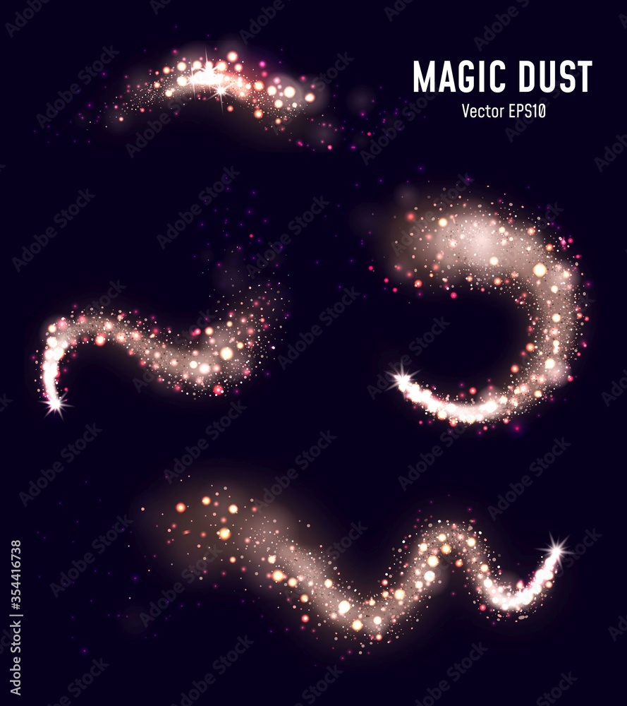 Collection of magic dust with sparkles on black vector illustration. Golden shiny glitter flat style. Festive and glamour pattern. Isolated on dark background