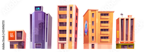 City buildings, modern houses architecture clothe store, cafe and sweet shop, multistory skyscraper tower of business office center or hotel with glass windows exterior, Cartoon vector illustration