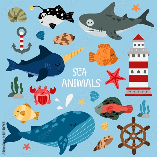 Set of sea animal characters and decoration vector illustration. Different fishes and fisheries flat style design. Lighthouse wheel and anchor. Underwater world concept. Isolated on blue background