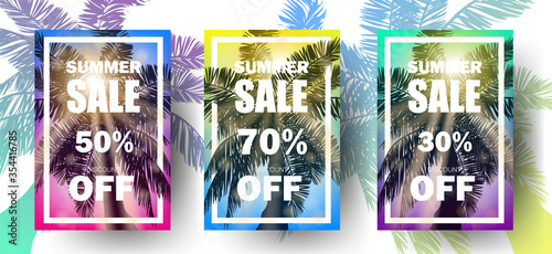 Set of 3 high quality summer ad flyers vector illustration. 30% 50% 70% sale discount template. Can be used on banners, leaflet or web. Sunrise with tropical shiolette, sea and clouds. EPS 10.