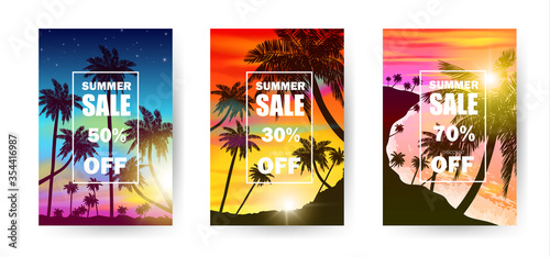 Set of 3 high quality summer ad flyers vector illustration. 30% 50% 70% sale discount template. Can be used on banners, leaflet or web. Sunrise with tropical shiolette, sea and clouds. EPS 10.