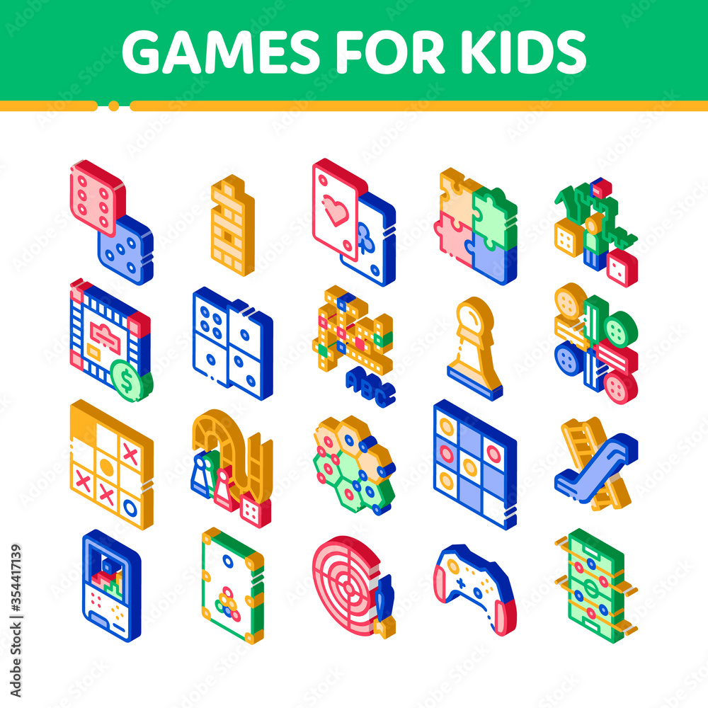 Interactive Kids Games Vector Icons Set. Isometric Domino, Chess And Video Games Controller Pictograms. Cards, Billiard, Darts Illustrations Interactive Kids Games Vector Icons Set. Isometric Domino, Chess And Video Games Controller Pictograms. Cards, Billiard, Darts Illustrations