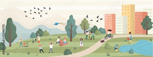 Spring leisure with peaceful park landscape vector illustration. People enjoy weekend on nature flat style. Picnic gardening and funny games. Spare time and happiness concept
