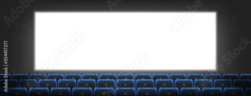 Cinema screen, lightbox in movie theater hall with seats rows. Blank television monitor on dark wall background. White glowing display for video presentation, realistic 3d vector empty plasma panel