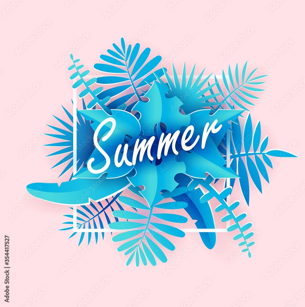 Summer tropical banner in paper art style vector illustration. Beautiful blue leaves flat style. Warm season. Bright card with lettering. Summer concept. Isolated on pink background