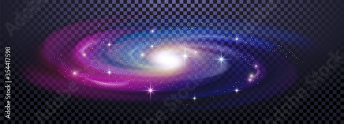 Realistic milky way spiral galaxy with stars isolated on transparent background. Bright blue yellow and red stars with space galaxy star dust. Can be used on flyers banners, web and other projects.