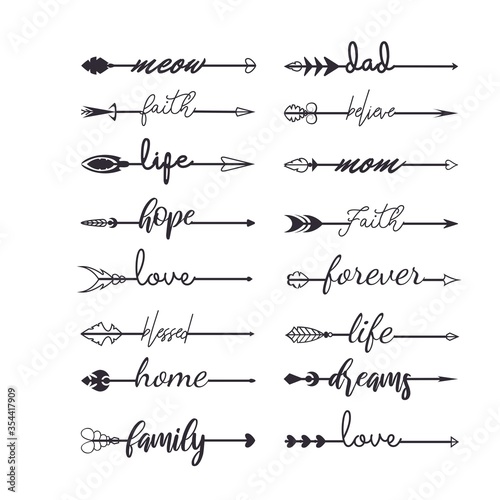 Set of arrows with inscription in boho style vector illustration. Tattoo or print template collection flat style. Handwritten lettering. Isolated on white background