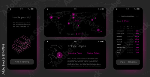 Travel trip advertising widget mobile app smartphone design template. Black and white minimalistic style. World map card trip baneer promo. UI, UX, GUI screens for trip app.