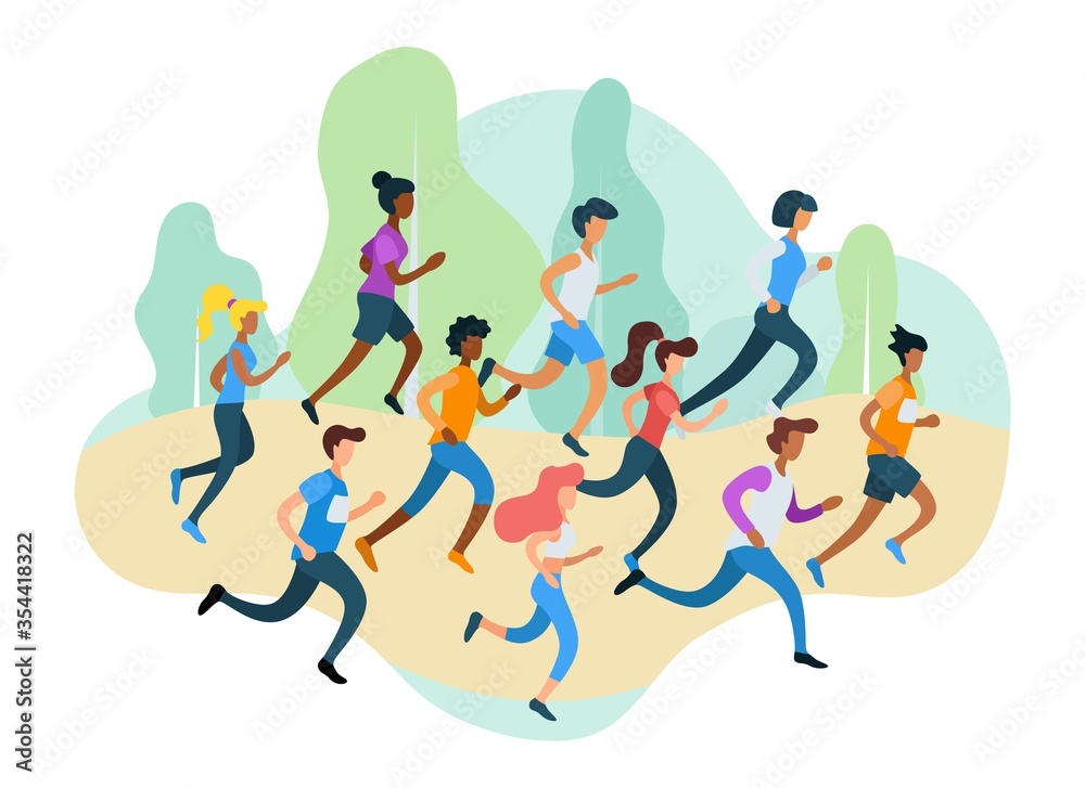 Running sporty people take part in marathon vector illustration. Group of people competing for win flat style. Active lifestyle and competition concept. Isolated on white background