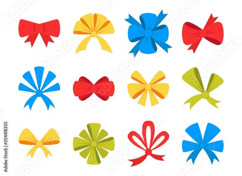 Set of colourful bright bows for decoration vector illustration. Different shapes and sizes of ribbon for festive decor flat style. Isolated on white background