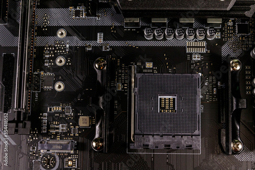 Close-up of a modern computer motherboard. Electronic computer hardware technology