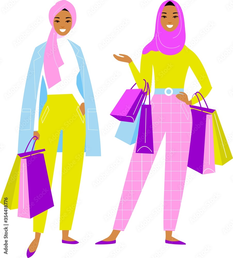 Vector colorful illustration of arab women in modern clothes hijab in the shop.