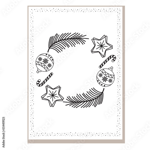 Hand drawn winter holidays card. Merry Christmas card with floral ornaments, New Year tree and snowflakes frame. Xmas greeting or invitation inspire quote card. Isolated vector icon
