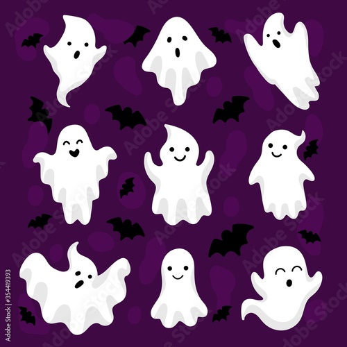 Happy halloween cute ghosts and bats collection vector illustration. Halloween character with various emotions flat style. Kind monster making faces. Isolated on violet background