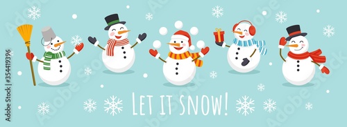 Obraz na plátně Let it snow card with cute character snowman vector illustration