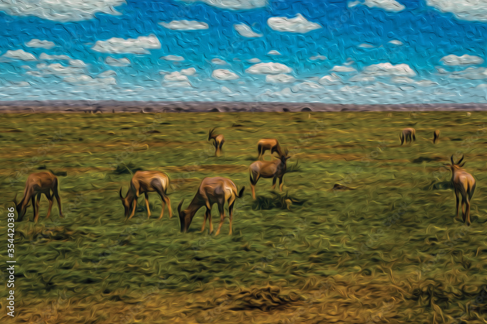 Naklejka premium Herd of gazelles grazing on green pasture in the flat landscape of Serengeti National Park. A conservation area in the African savanna where several species of large mammals live. Oil paint filter.