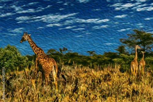 Giraffes in the thicket at the Ngorongoro conservation area. A park for the wildlife protection located on a large volcanic crater in the African savanna of Tanzania. Oil paint filter.
