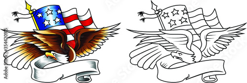 Stylized drawing American eagle with USA flag, slogan ribbon. Vector illustration