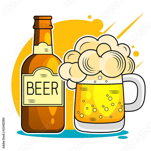 Beer festival. Two hands holding the beer bottle and beer glass. Vector illustration