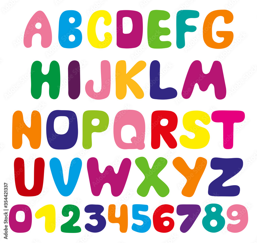 Bright letters of the alphabet and numbers for children. Original vector creative font for headlines, signage, posters, education and decoration of a children's room. Bright letters of the alphabet and numbers for children. Original vector creative font for headlines, signage, posters, education and decoration of a children's room.