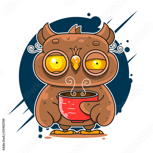 Owl Drinking Coffee And Can't Sleep Vector Flat Style Illustration