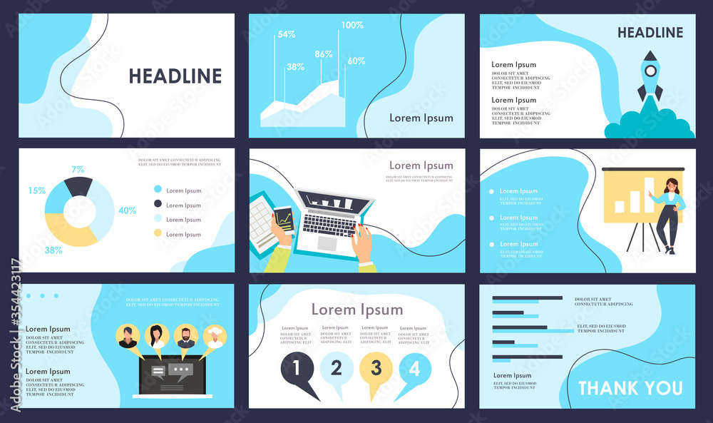 Set of templates for presentations, web pages, banner, flyers, landing pages. Flat design. Abstract templates, infographic elements. Cartoon style.