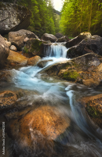 Fototapeta Naklejka Na Ścianę i Meble -  Beautiful nature with water flowing thourgh rocks near Zelene pleso (Green Lake) in High Tatras, Slovakia.
